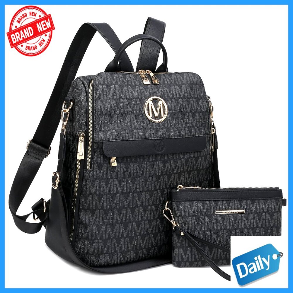 Convertible Vegan Leather Backpack Purse Set With Wristlet For Travel
